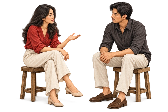 Two people turn towards each other, listening with care and attention.