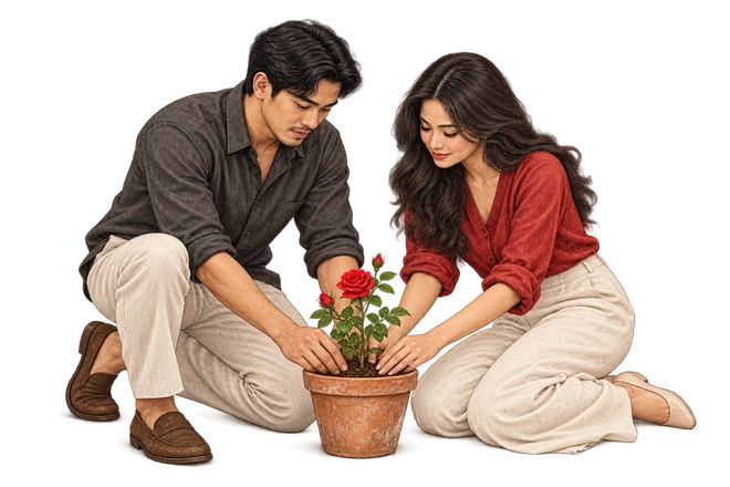 Two people nurture a young rose plant together, sharing responsibility for its growth.